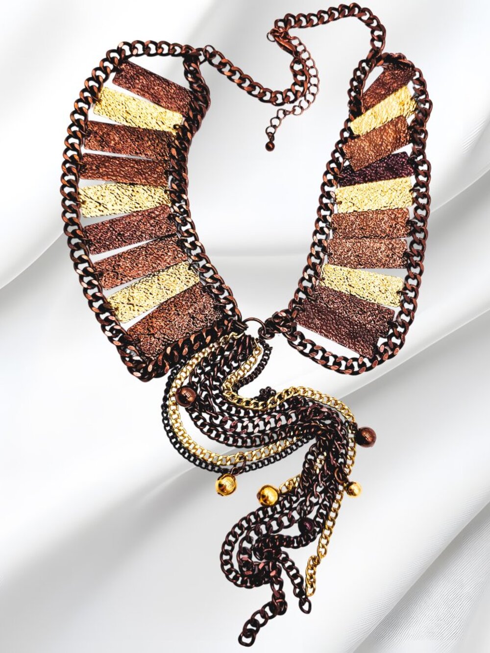 Artisan Mixed Metal Statement Necklace Bronze Gold Chain Tassel Bib Necklace